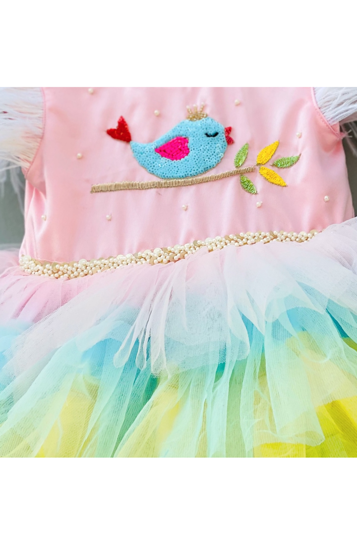Multi color hand embellished flamingo theme dress