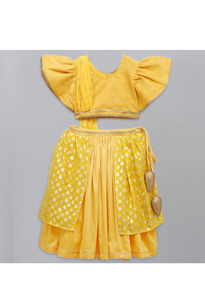 Mustard Yellow Top With Attached Dupatta And Double Layered Lehenga