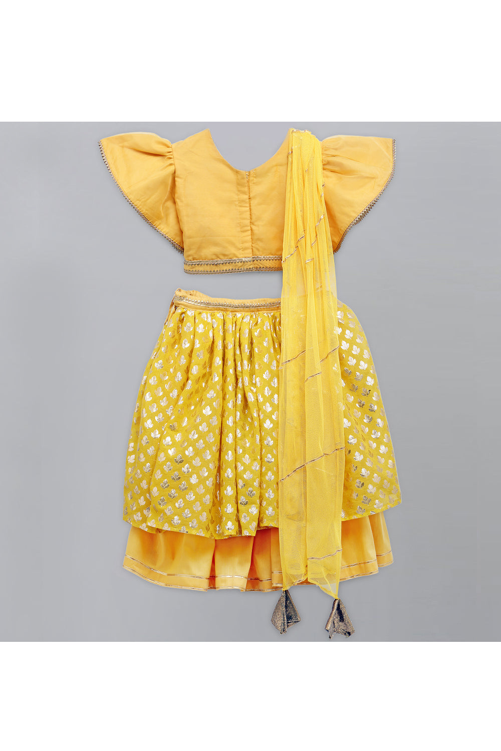 Mustard Yellow Top With Attached Dupatta And Double Layered Lehenga