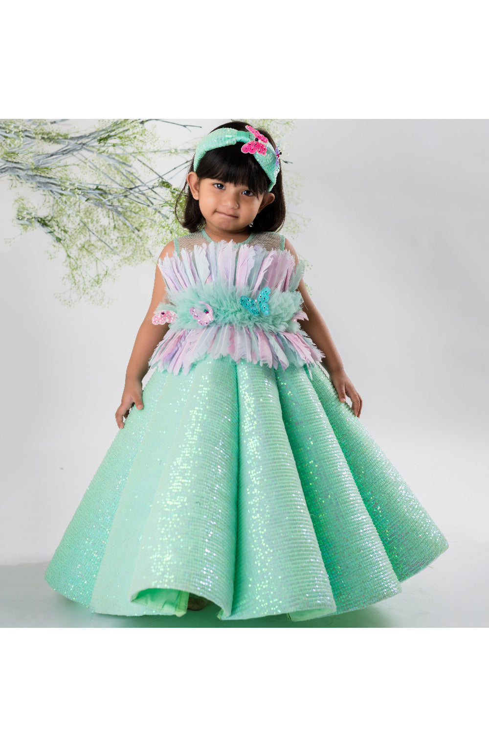 Sea Green Feather Detailing Sequins Gown