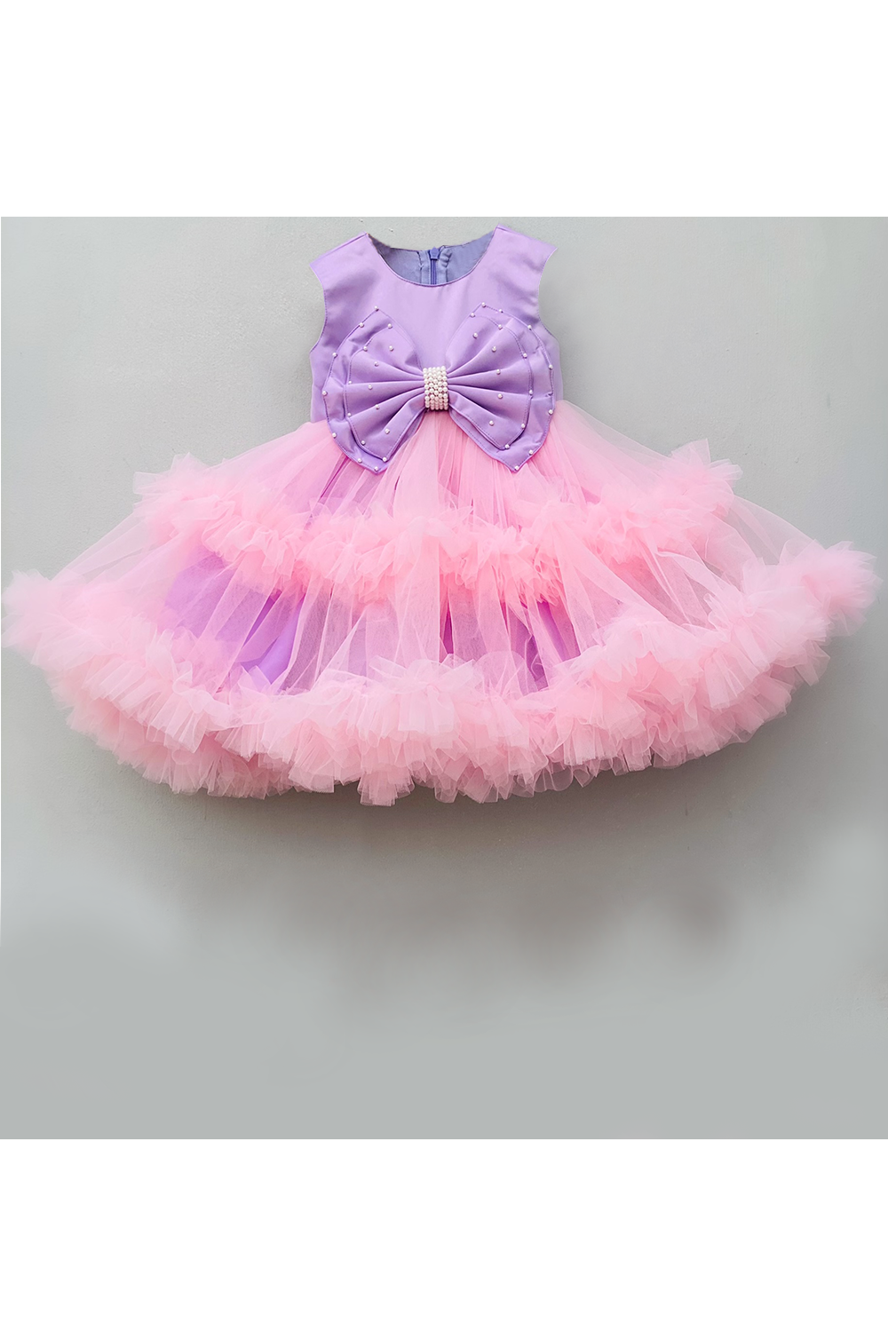 Purple hand embellished bow with pink flared net dress