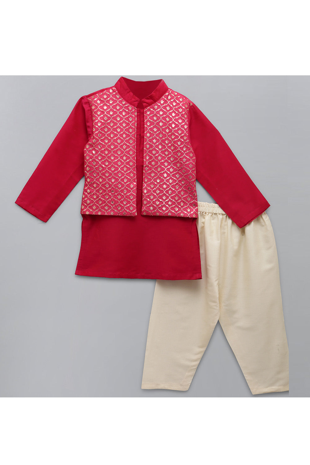 Fuschia Pink Cotton Silk kurta With Attached Jacket Pyjama Set