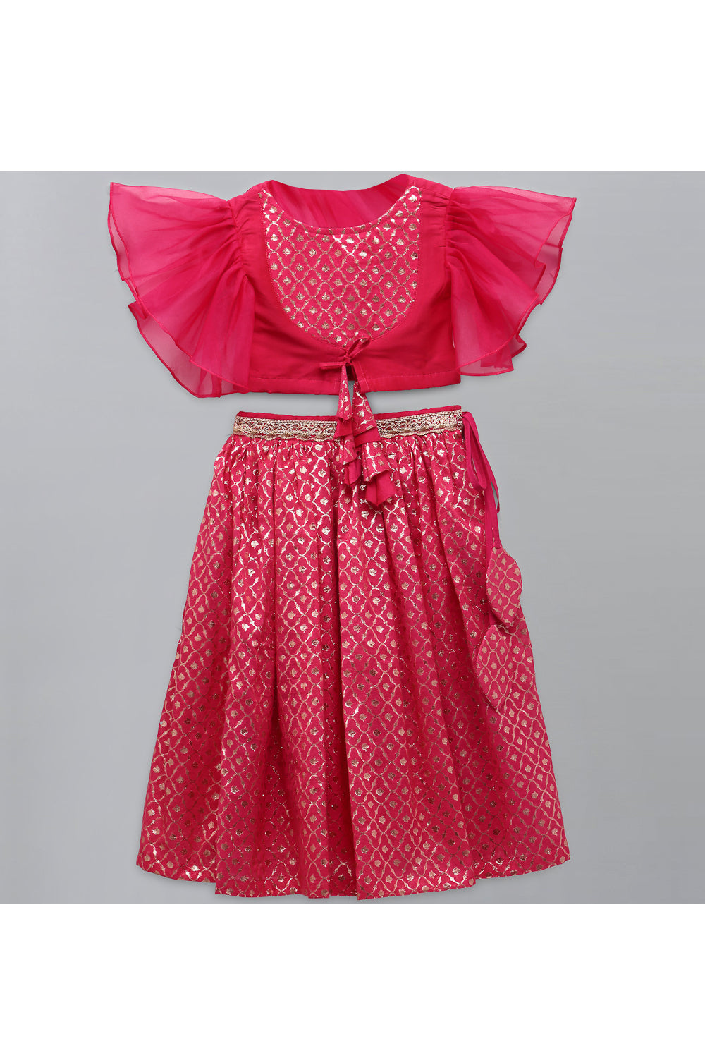 Fuschia Pink Ruffled Top With Cotton Zari Embroidered Lehenga