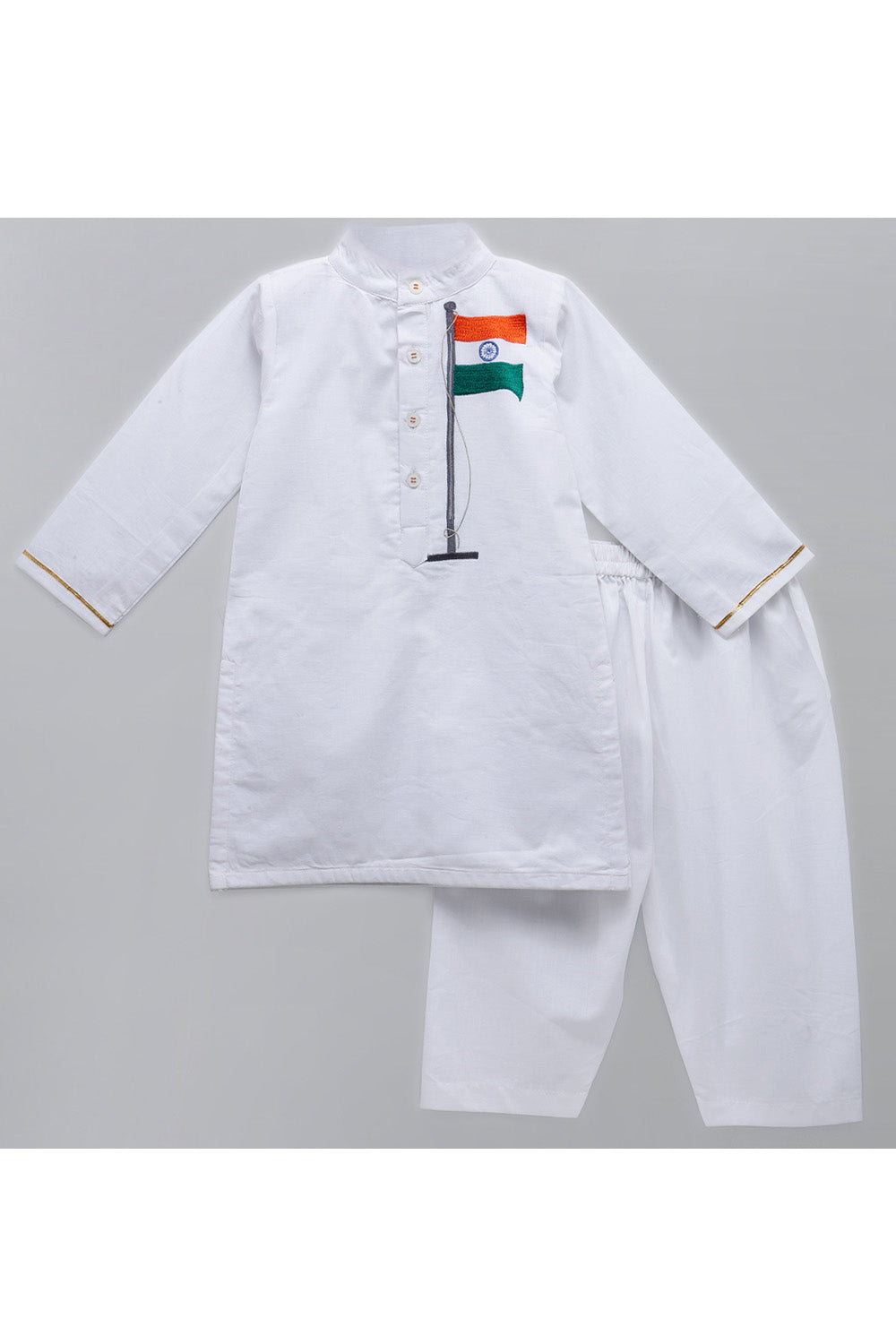 White Indian Flag Embroidered Kurta With Off White Pyjama