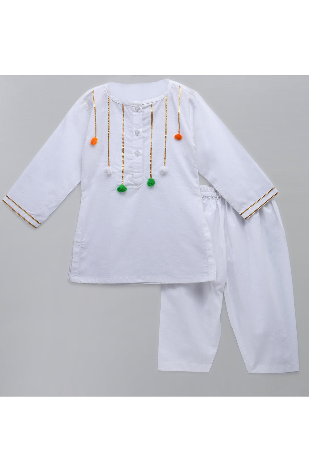White Tricolor Pom Pom Kurta With Pyjama Set