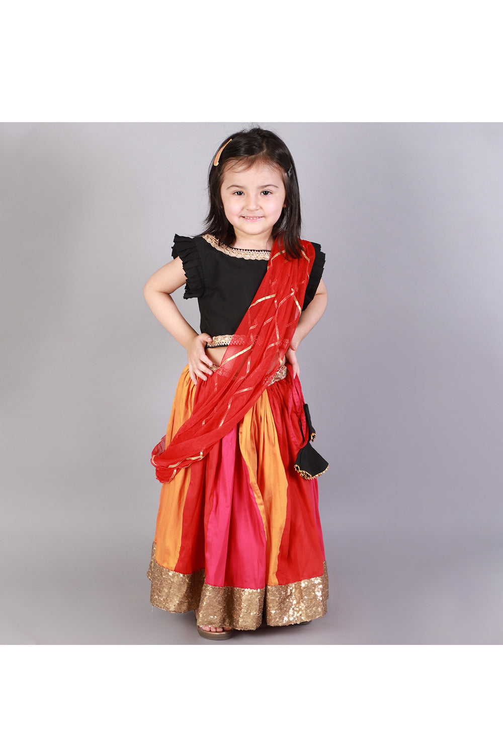 Black Cotton Silk Ruffle Top With Multicolor Lehenga Set