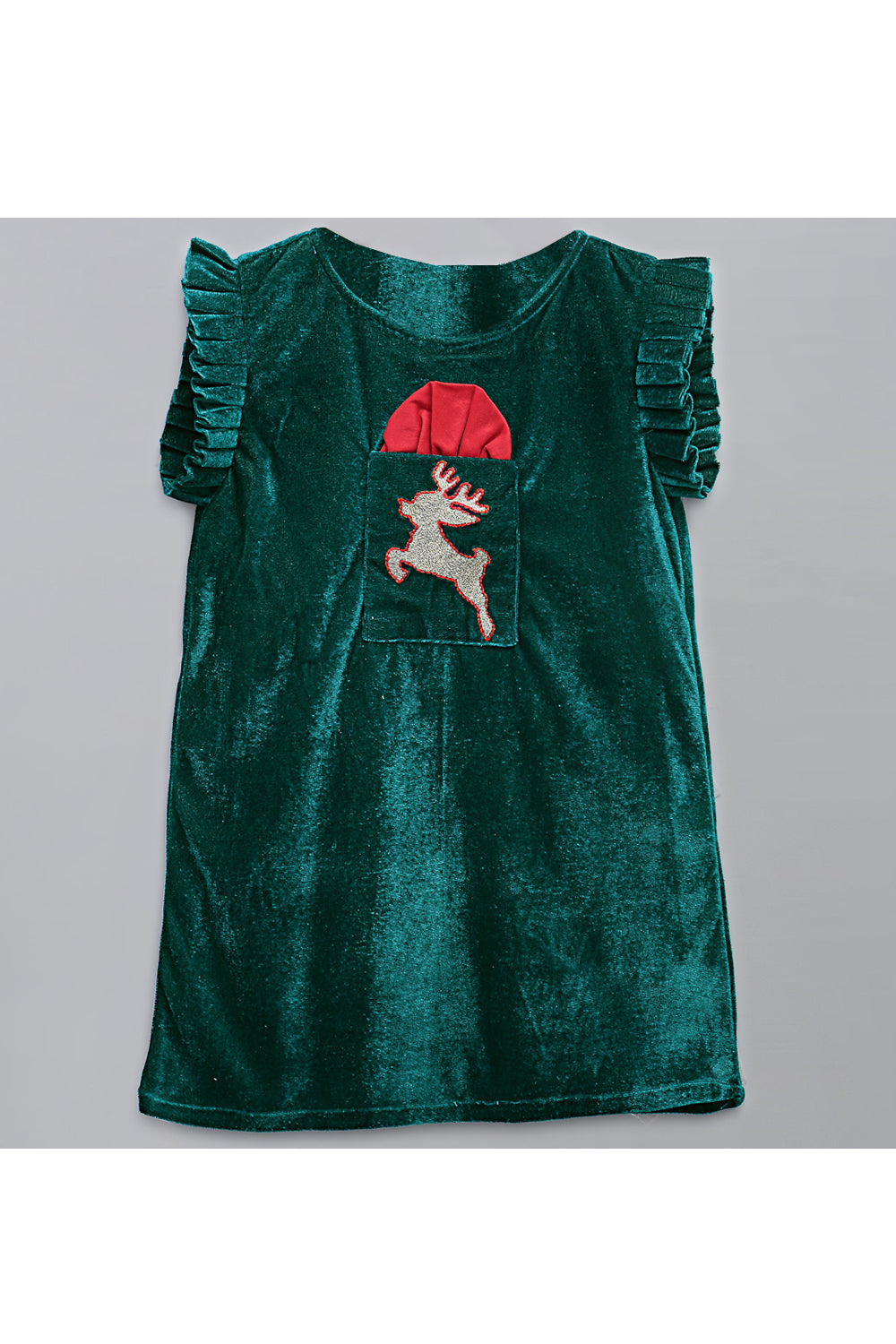 Green Reindeer Embroidered Velvet Dress