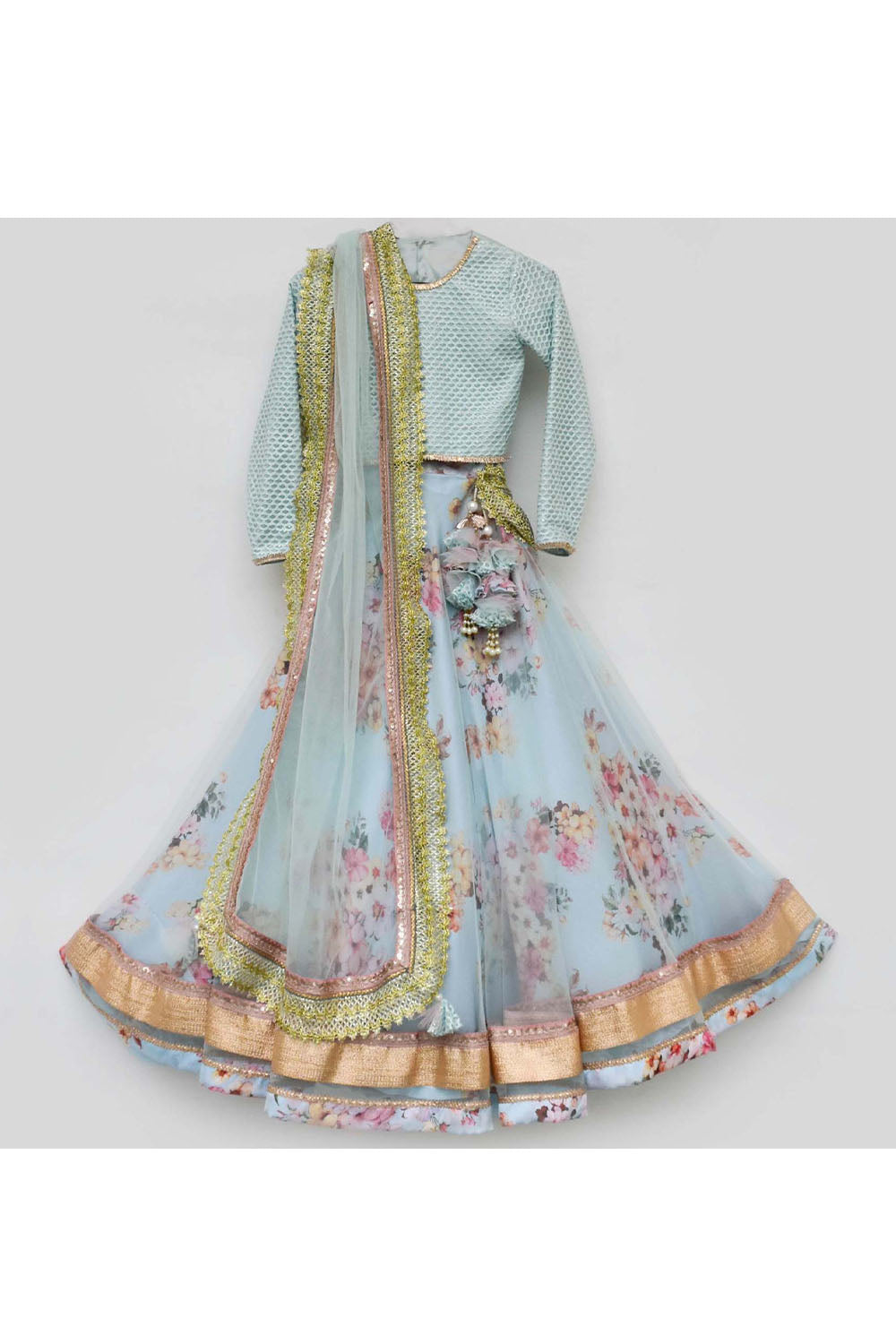 Aqua Blue Embroidered Choli With Printed Lehenga And Dupatta