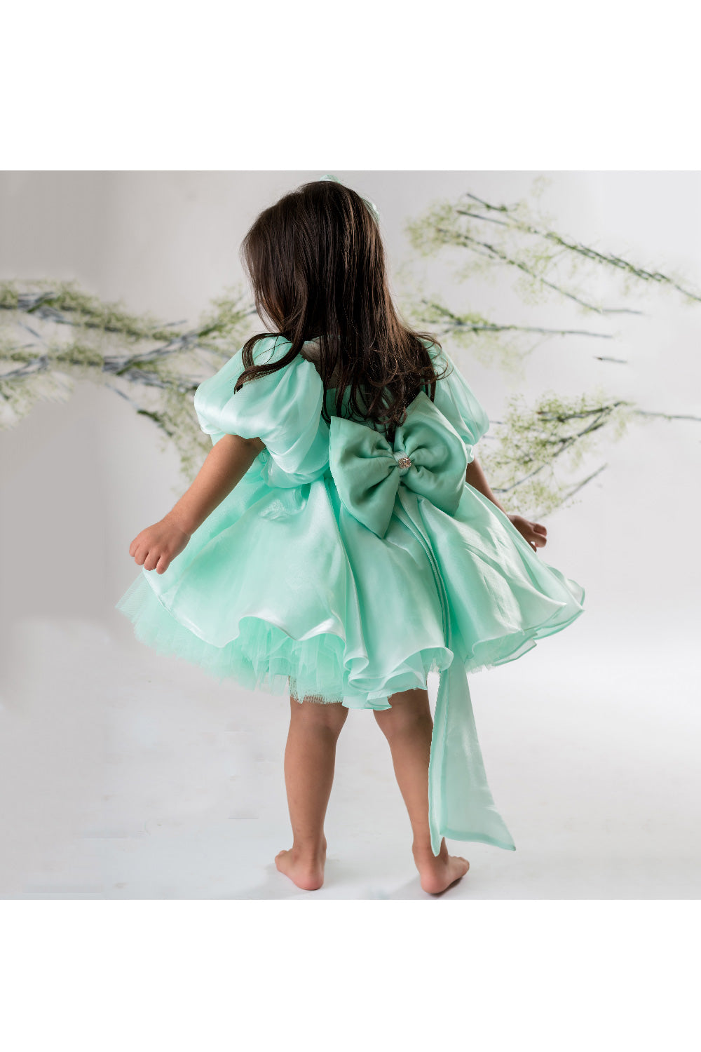 Sea Green Flower And Butterfly Embroidered Organza Dress