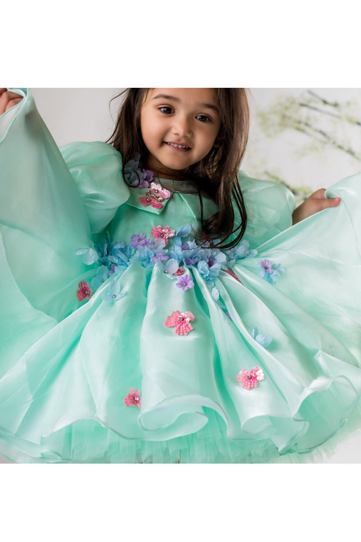 Sea Green Flower And Butterfly Embroidered Organza Dress