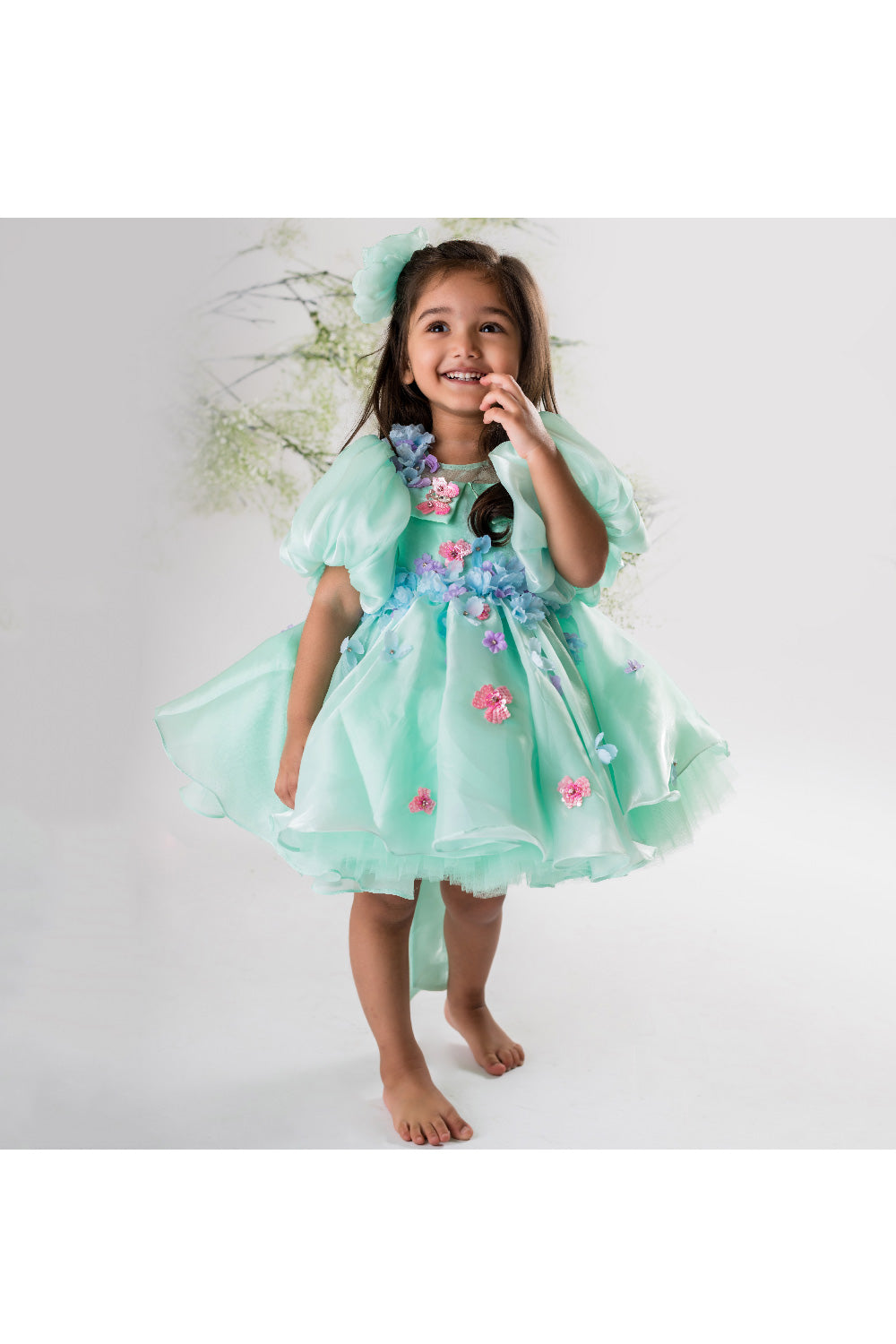 Sea Green Flower And Butterfly Embroidered Organza Dress