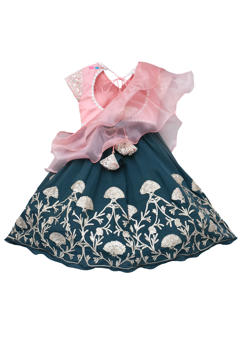 Peach embroidered choli with green gota lehenga