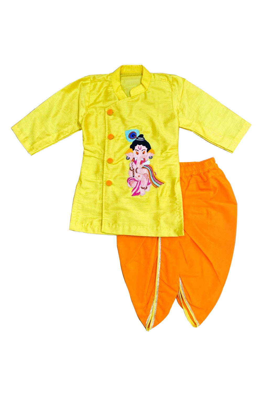 Yellow Ganesha Embroidered Cotton Silk Kurta With Dhoti Set