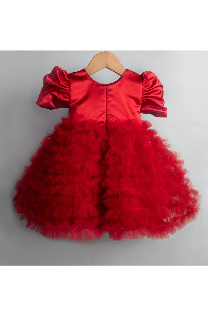 Red Pearl Detailing Bow Net Frill Dress