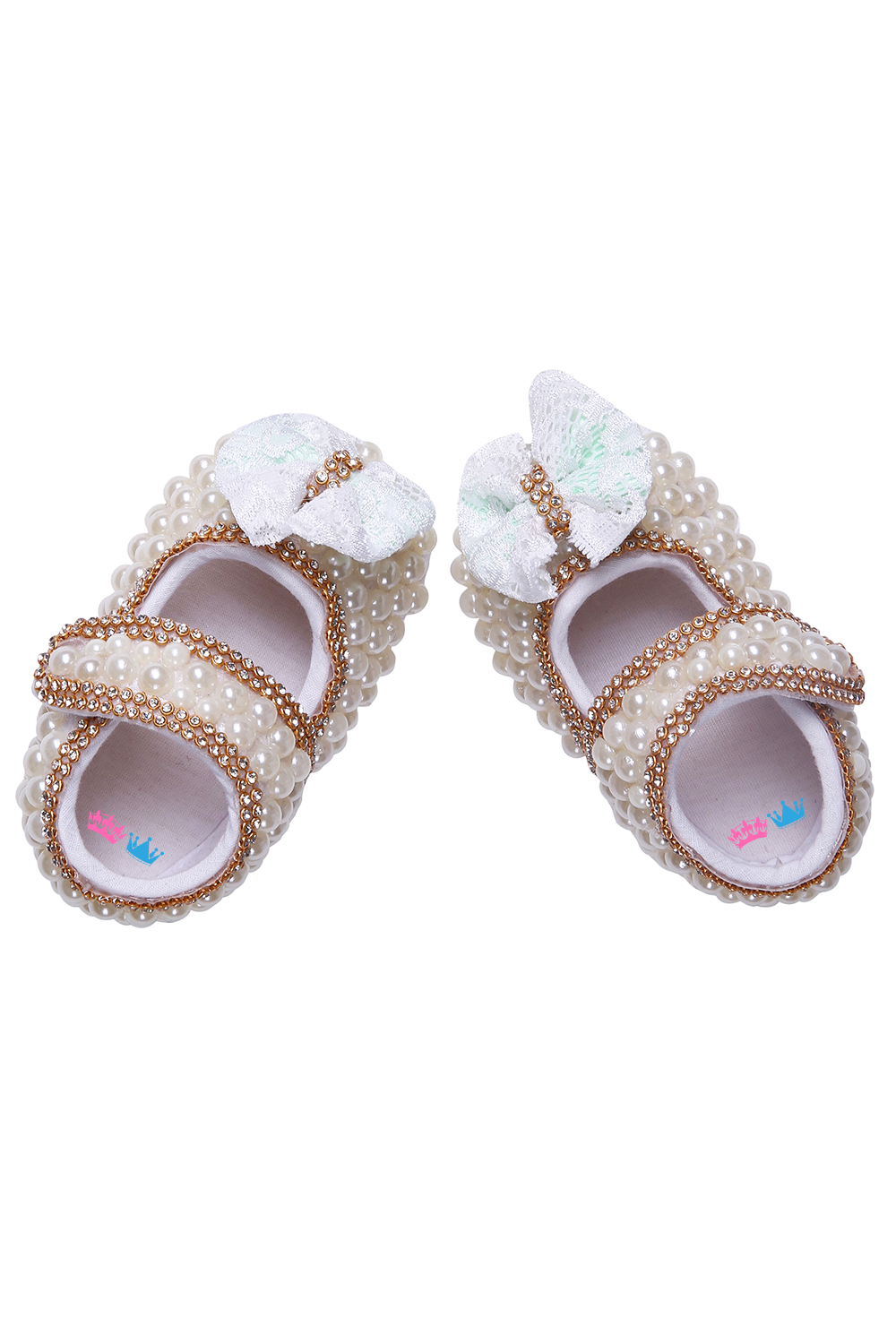 Green Self Net Bow And White Pearl With Chain Border Shoes