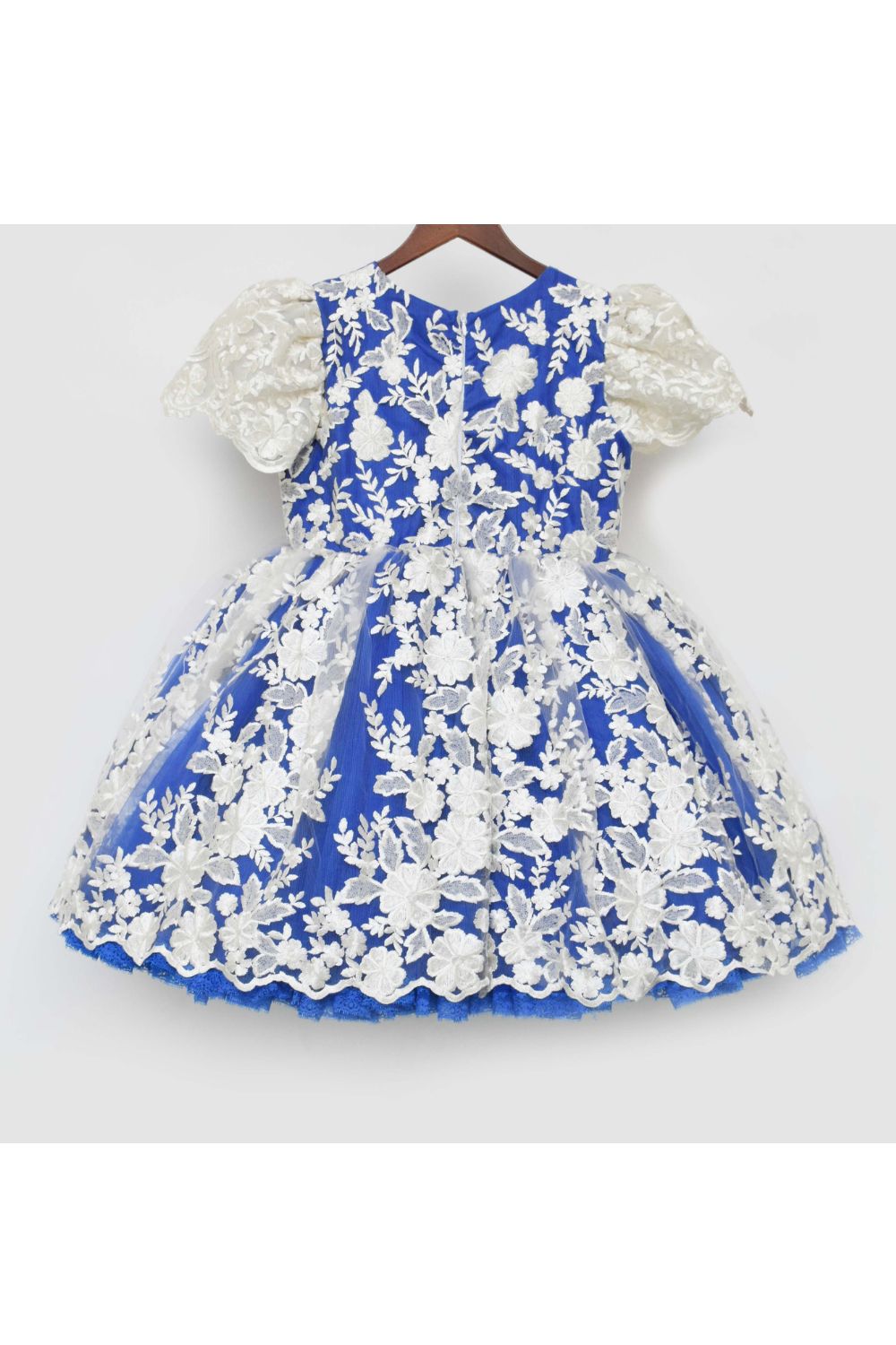 Blue And Off White Lace Detailing Net Dress