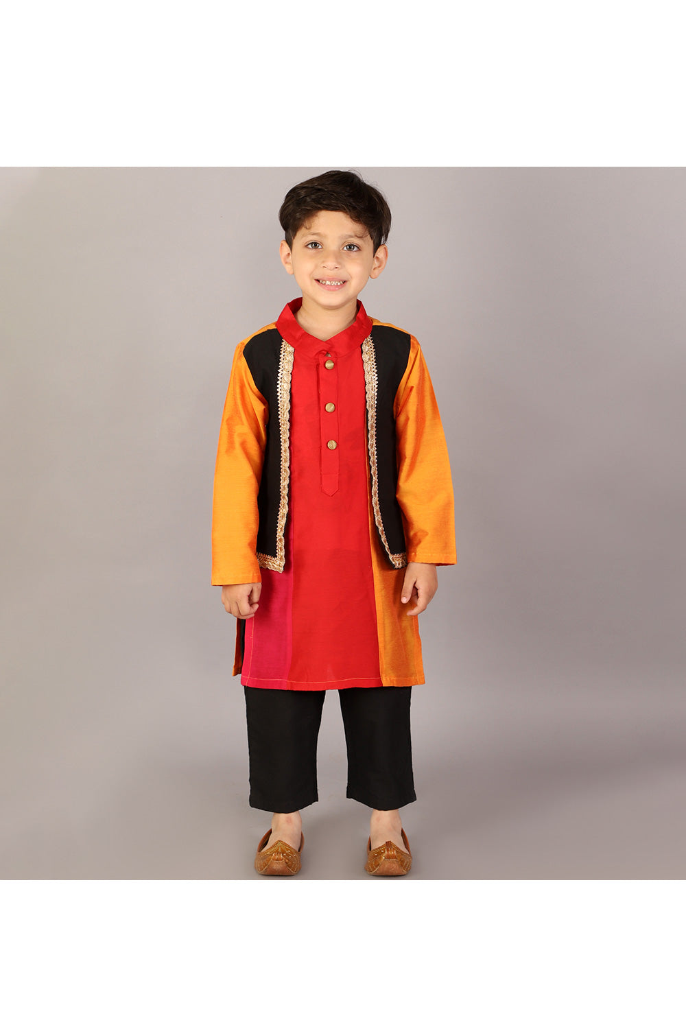 Multicolor Cotton Silk Kurta With Black Lace Embellished Attached Jacket Set