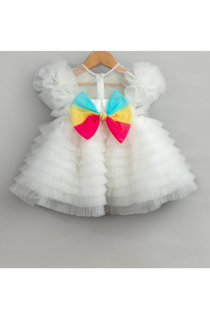 Off White With Multicolor Sequins Embroidered Frill Net Dress