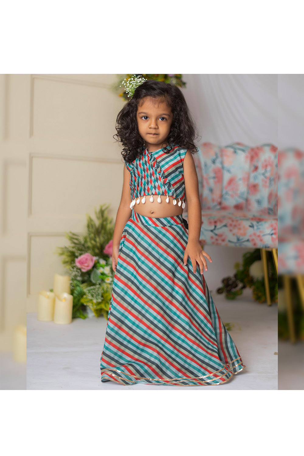 Multicolor Leheriya Printed Pleated Top With Lehenga Set