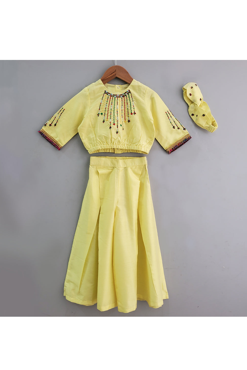 Yellow Thread Embroidered Crop Top With Flared Pants And Hairband