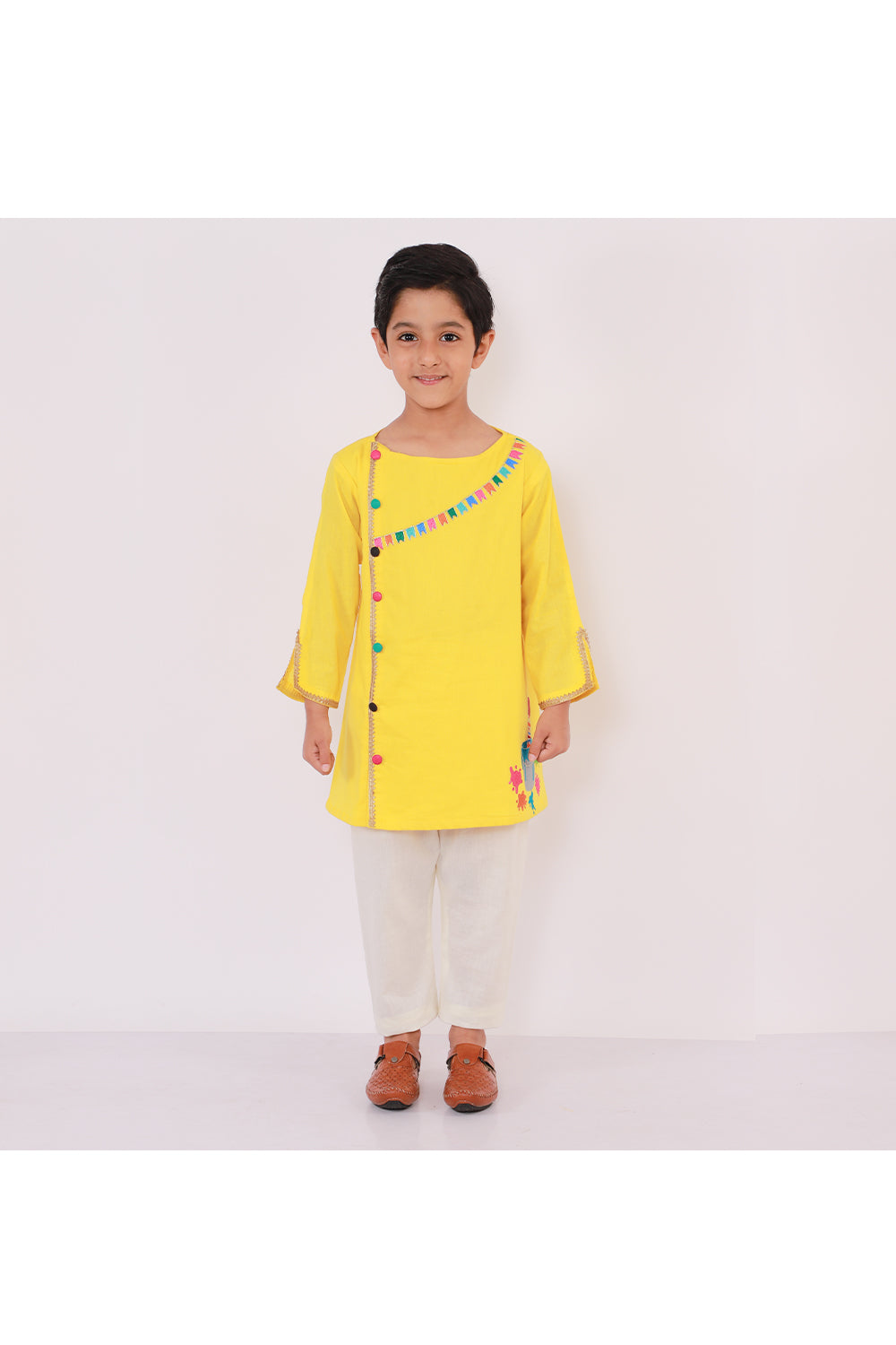 Yellow Holi Bucket Embroidered Kurta With Off White Pyjama