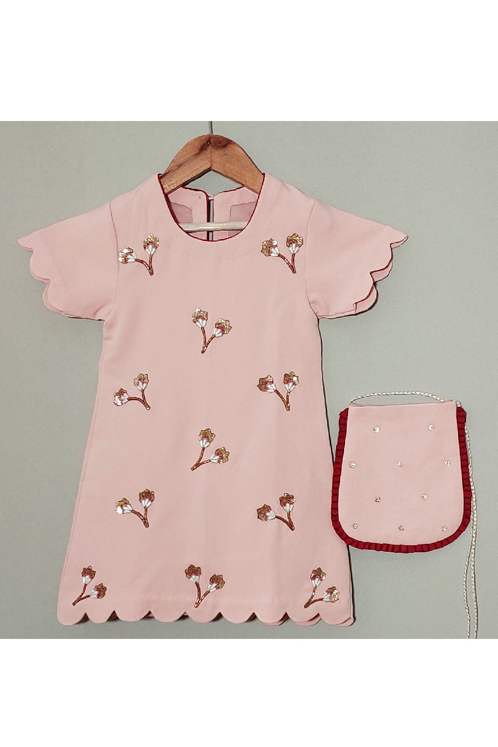 Pink Flower Embroidered Crepe Dress With Sling bag