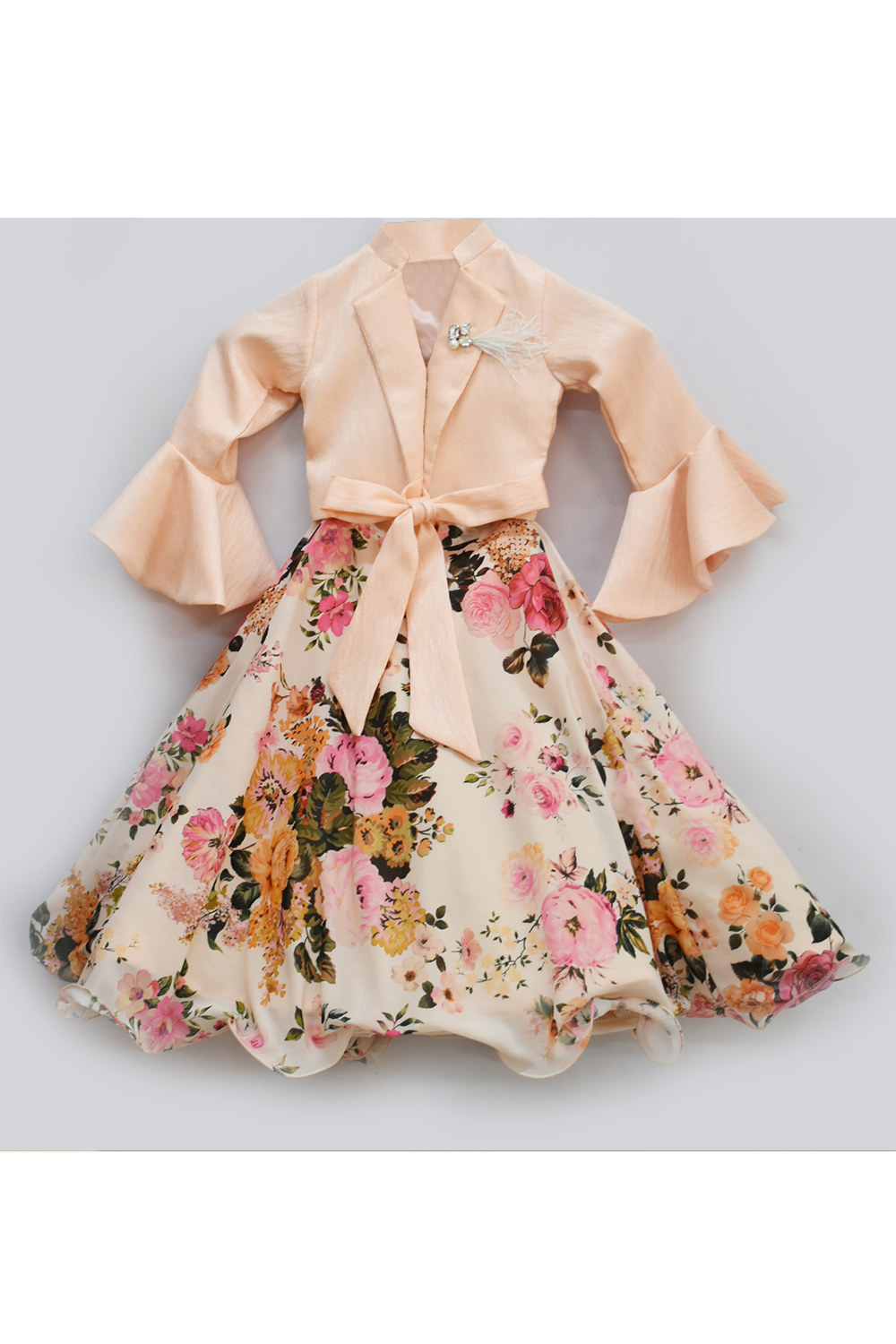 Peach tie up knot top with floral printed lehenga