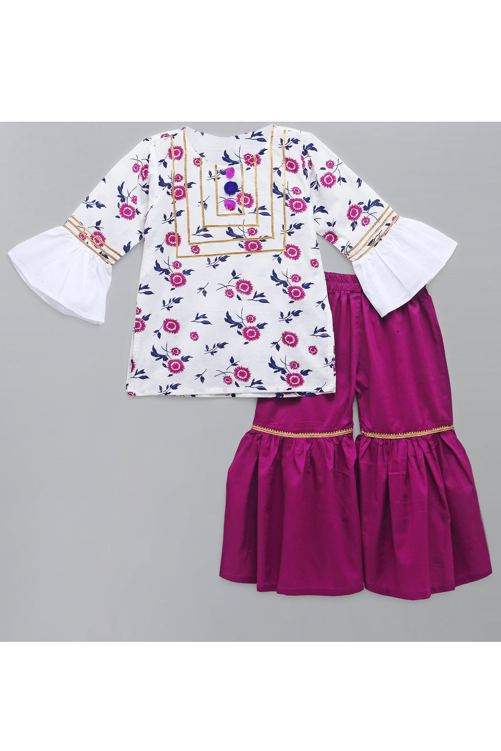White Printed Kurta With Purple Sharara Set