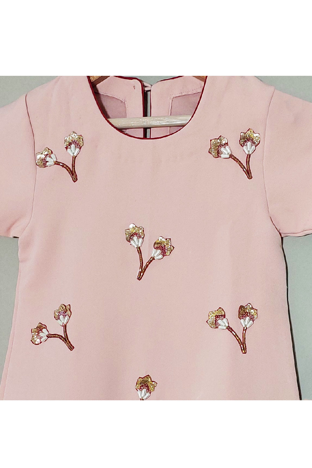 Pink Flower Embroidered Crepe Dress With Sling bag