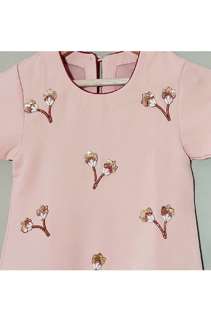 Pink Flower Embroidered Crepe Dress With Sling bag