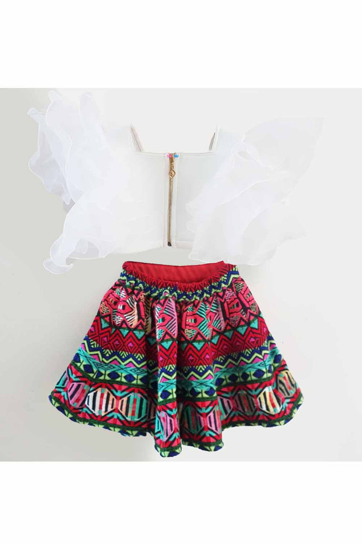 Multi color boho jacquard skirt with white top set! Designer Dresses for Girls, Designer Dresses for Baby Girls, Designer Partywear Dresses for Girls, Party Dresses for Girls, Smart Partywear Dresses for Girls, Designer Party Dresses for Girls