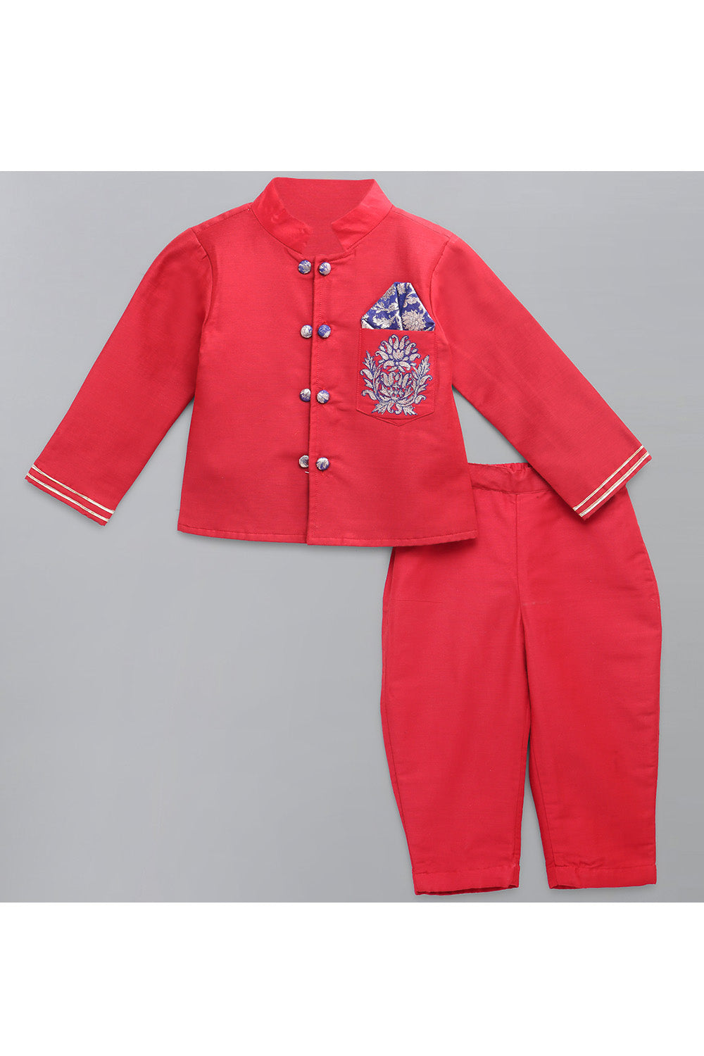 Red Cotton Silk Embroidered Short Bandhgala With Pant Set