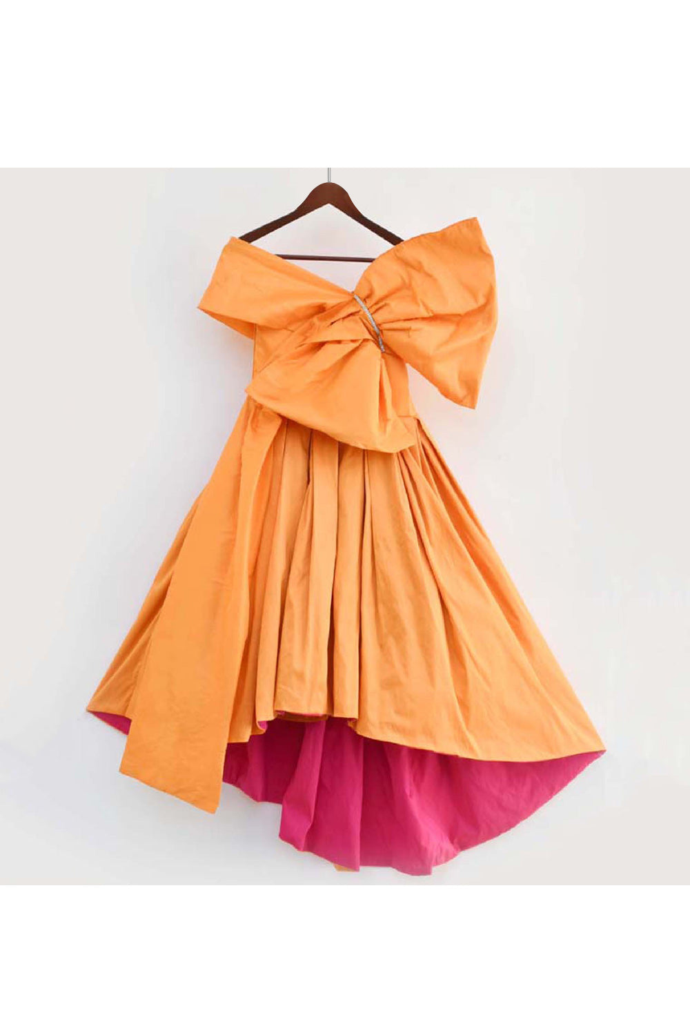 Orange Off Shoulder Bow High Low Taffeta Gown