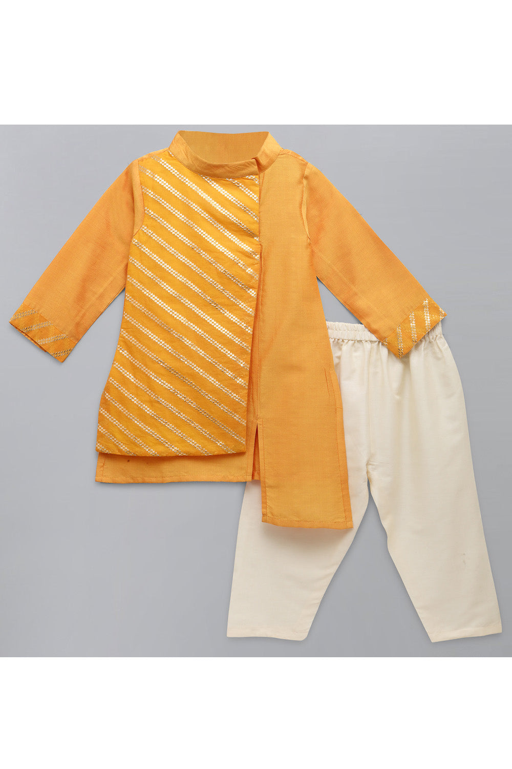 Orange Kurta With Asymmetrical Attached Jacket And Off White Pyjama