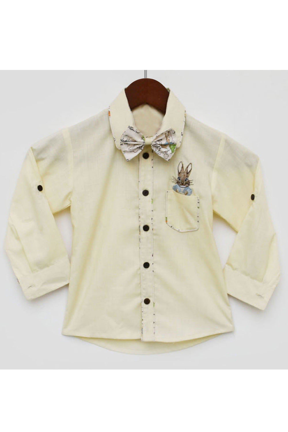 Lemon Yellow Rabbit Embroidered With Bow Tie Detailing Cotton Shirt