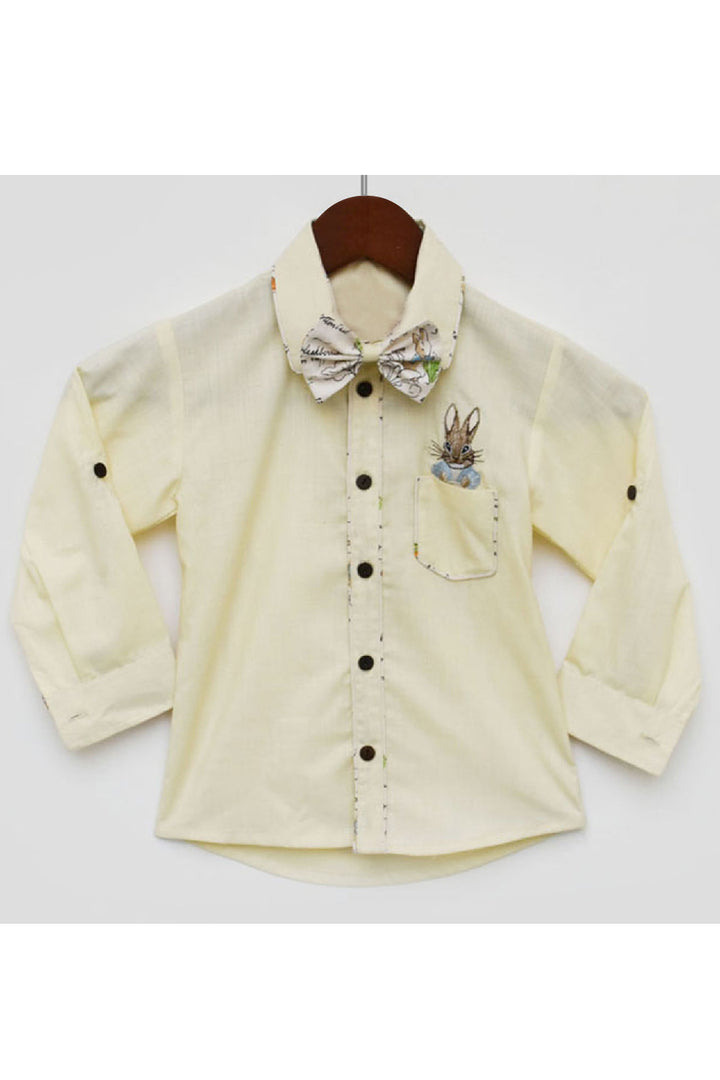 Lemon Yellow Rabbit Embroidered With Bow Tie Detailing Cotton Shirt