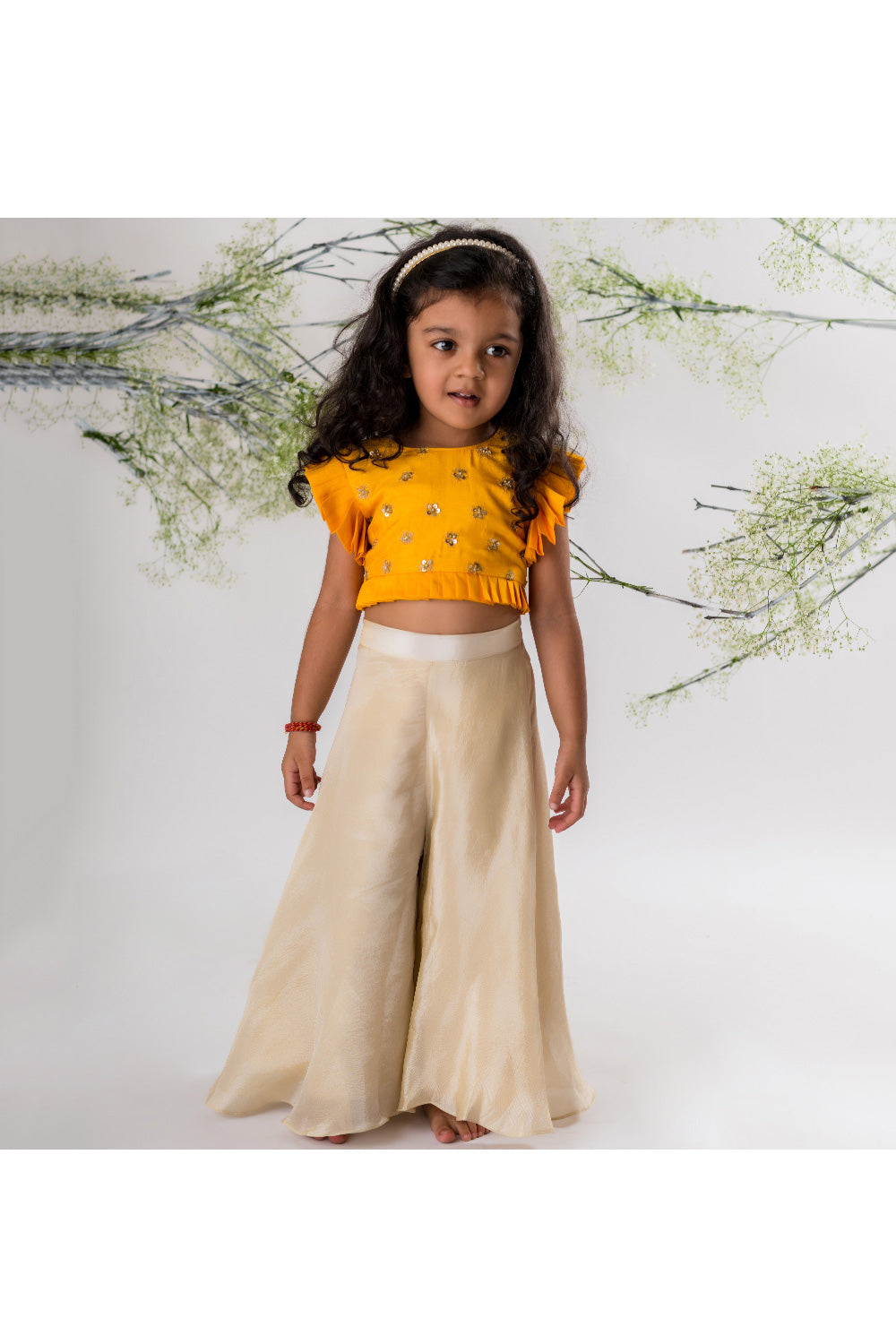 Yellow Embroidered Silk Top With Palazzo Set