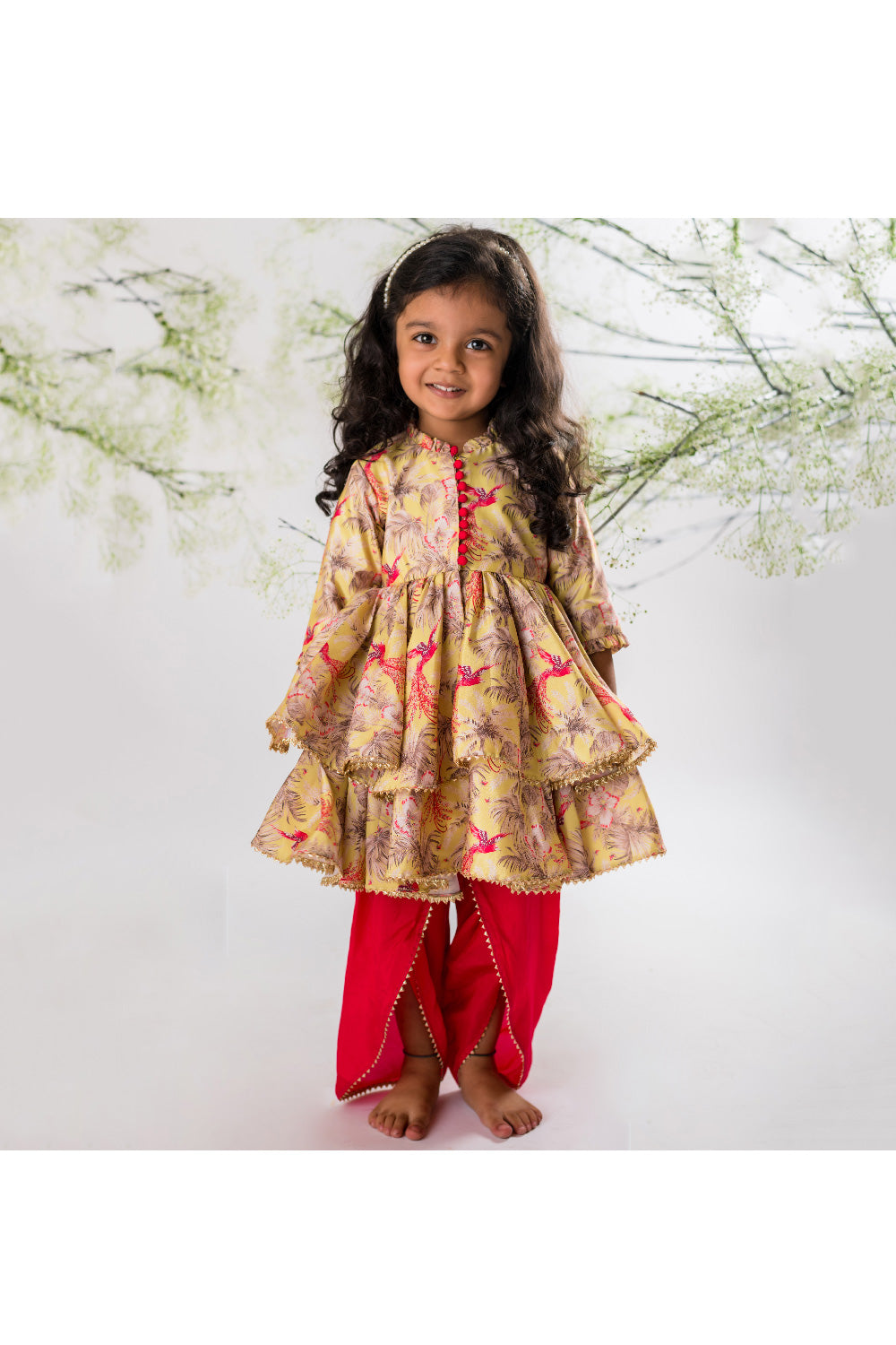 Yellow Bird Of Paradise Printed Peplum Style Top With Dhoti Set