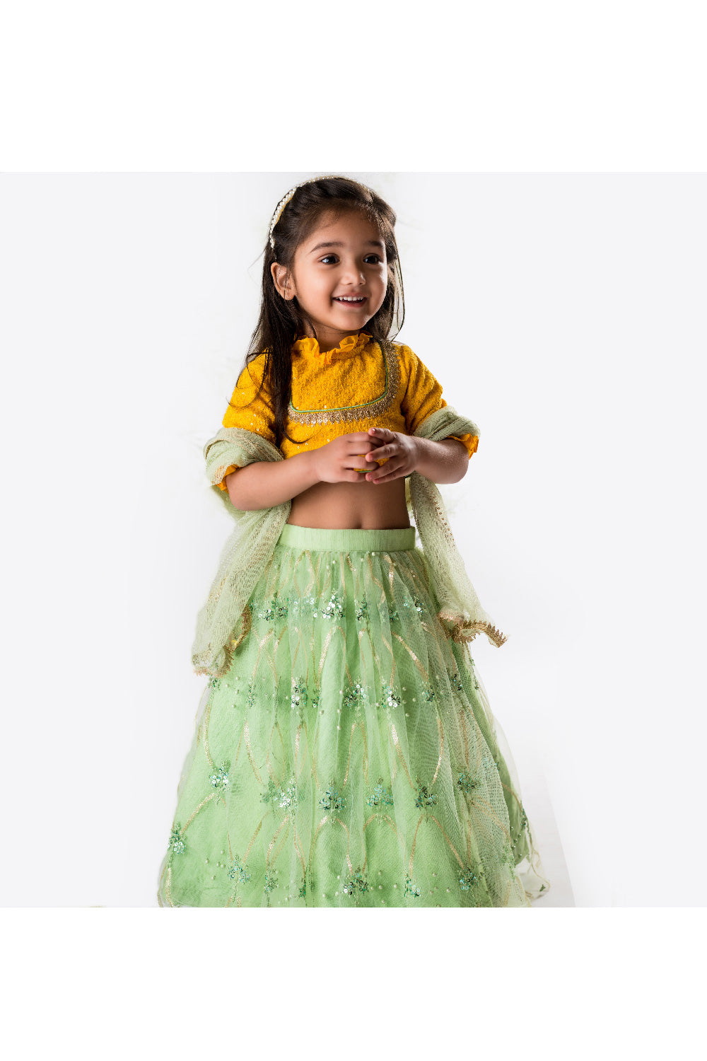 Mustard Yellow Sequins And Lace Detailing Top With Embroidered Lehenga Set