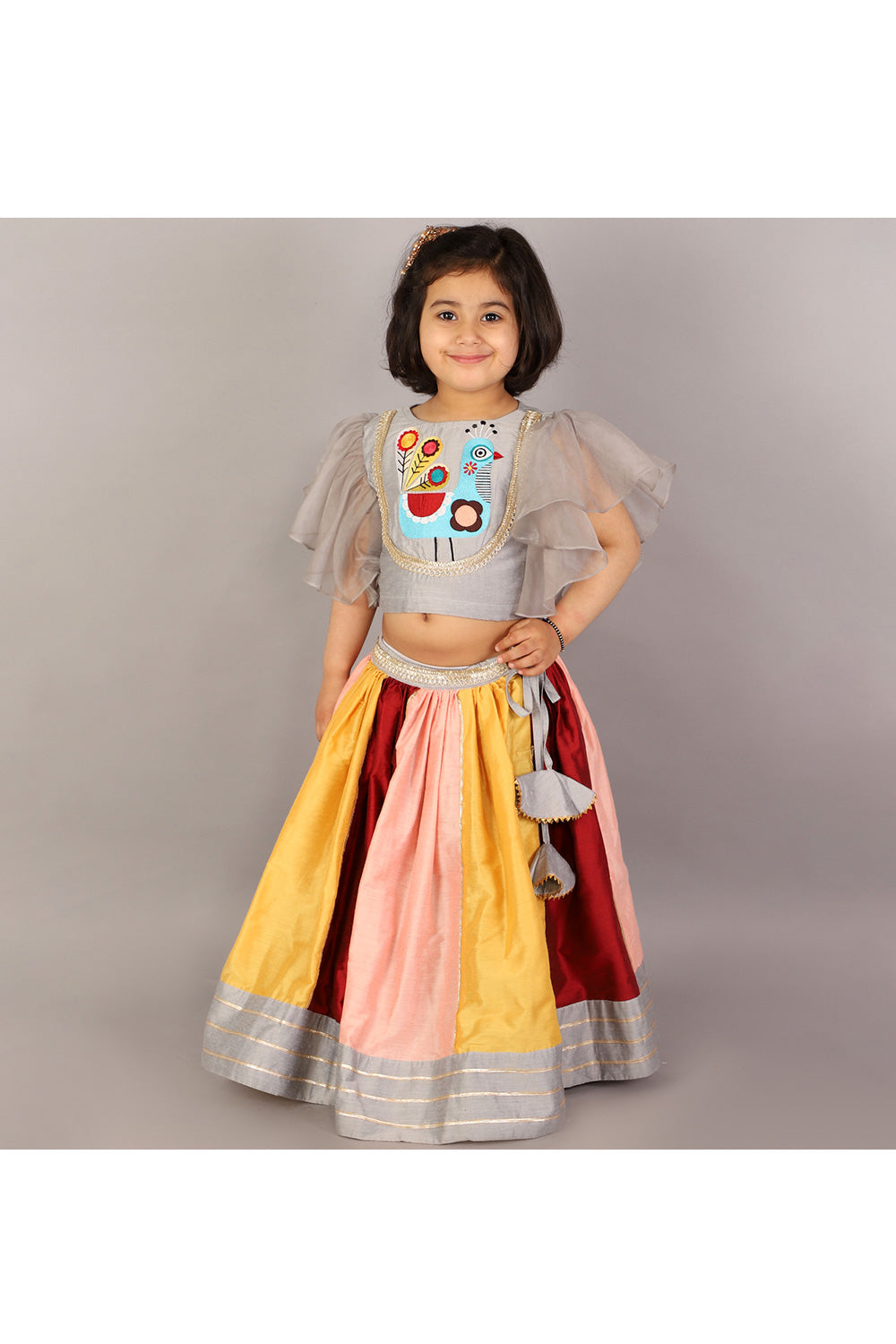 Grey Cotton Silk Peacock Embroidered Top With Multicolor Lehenga Set