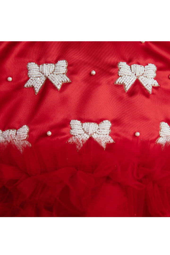 Red Pearl Detailing Bow Net Frill Dress