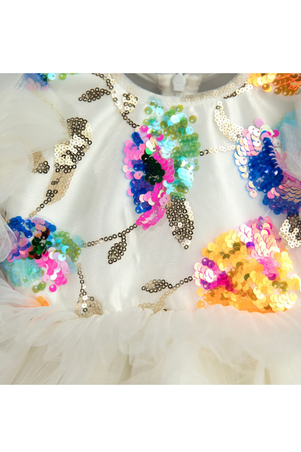 Off White With Multicolor Sequins Embroidered Frill Net Dress