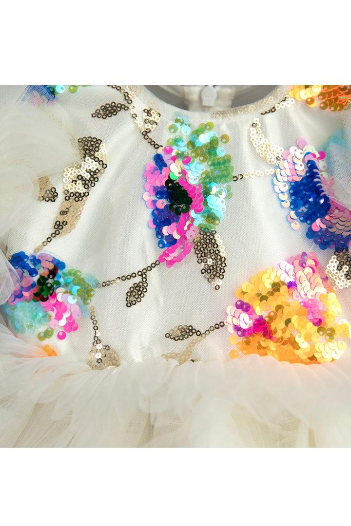 Off White With Multicolor Sequins Embroidered Frill Net Dress