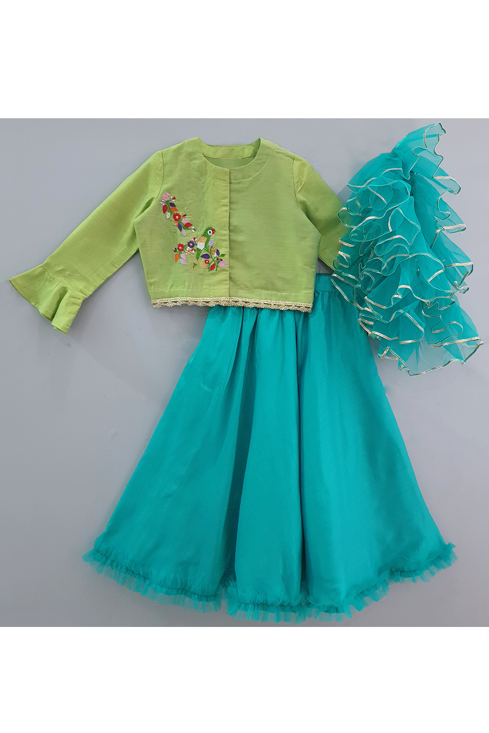 Green bird motif embroidered choli and sky blue lehenga dupatta set