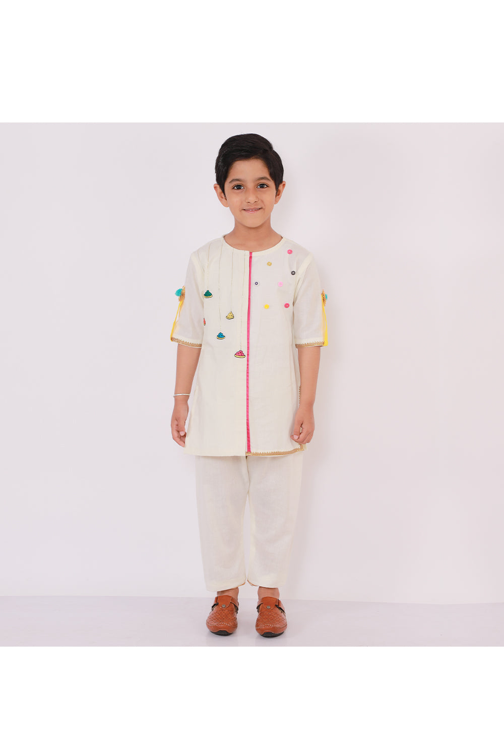 Off White Holi Colors Embroidered Kurta Pyjama