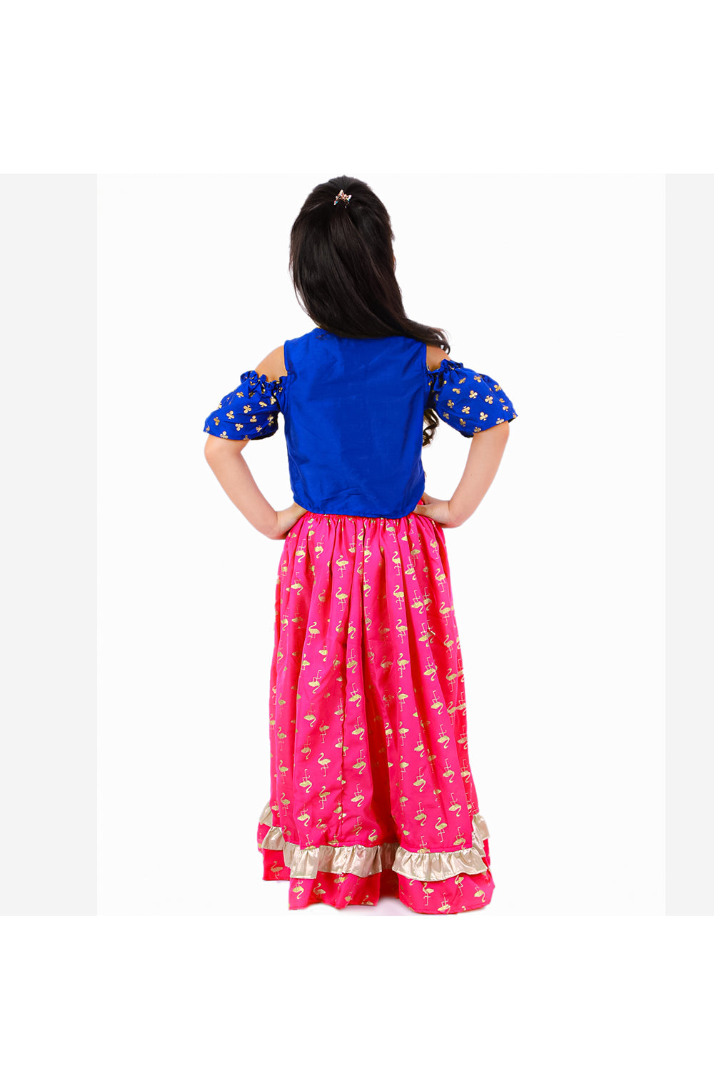 Blue cold shoulder top with flamingo printed skirt