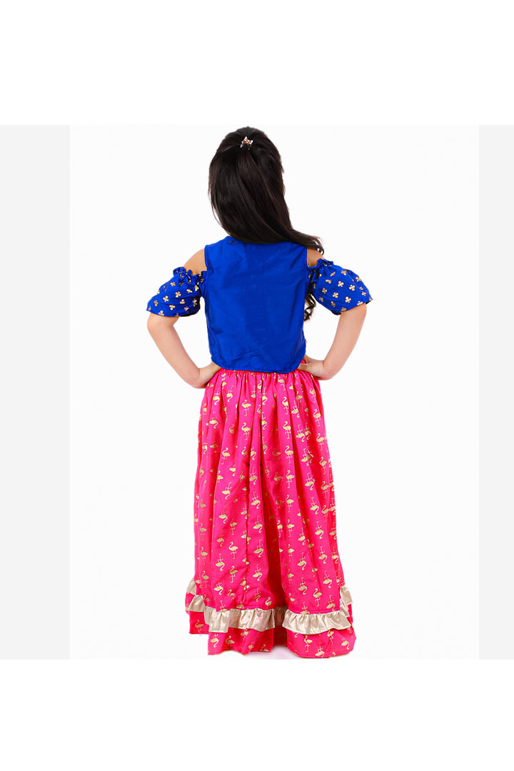 Blue cold shoulder top with flamingo printed skirt