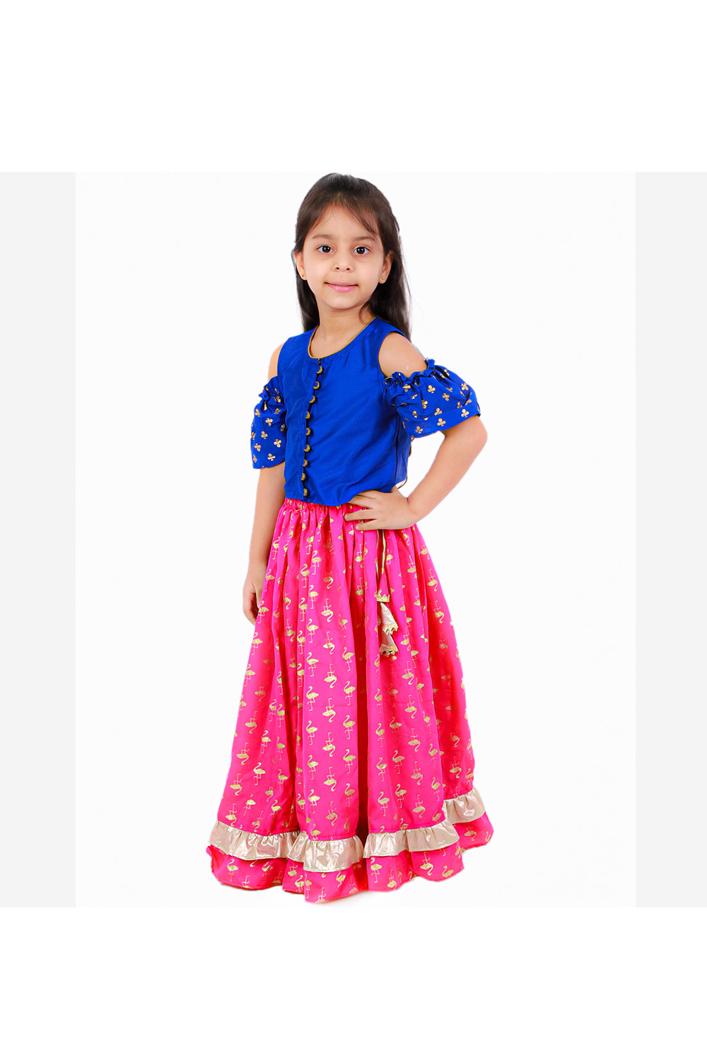 Blue cold shoulder top with flamingo printed skirt