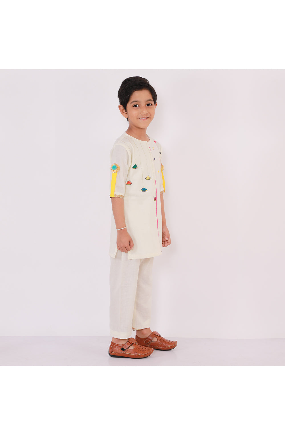 Off White Holi Colors Embroidered Kurta Pyjama