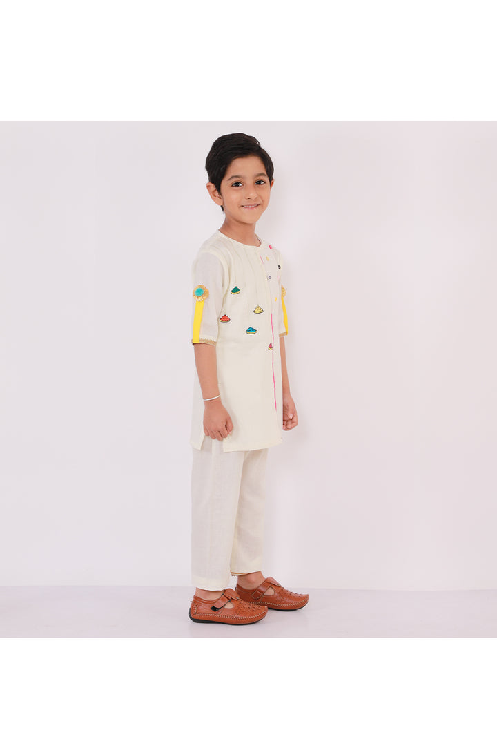Off White Holi Colors Embroidered Kurta Pyjama
